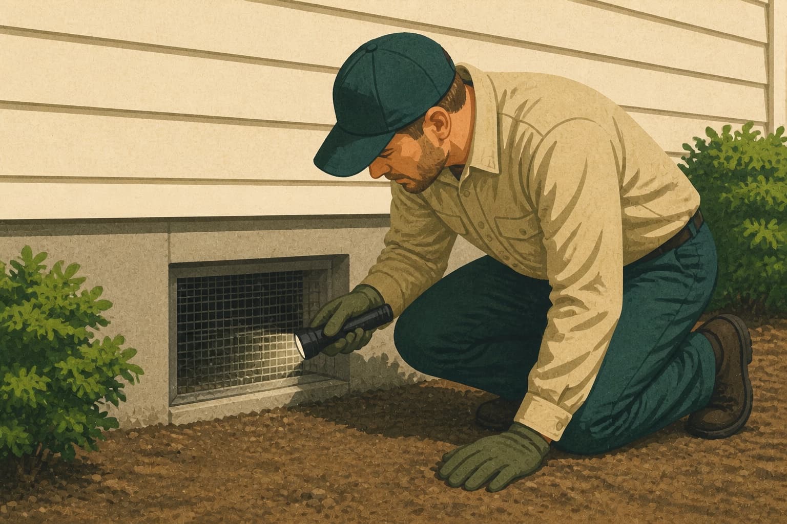 A pest-control technician checks a crawlspace vent with a flashlight, representing the public readback after a control change.