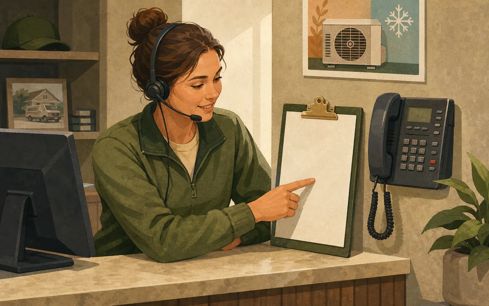 Home services dispatcher reviewing a seasonal offer beside the service phone before sharing its terms with callers.