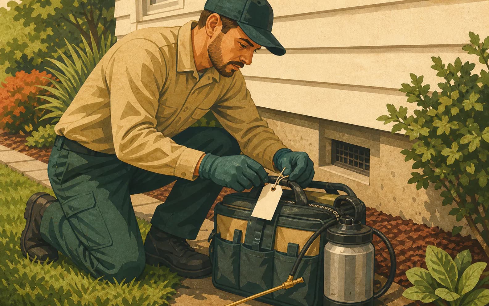 Pest control technician preparing a treatment kit for a promotional service visit.