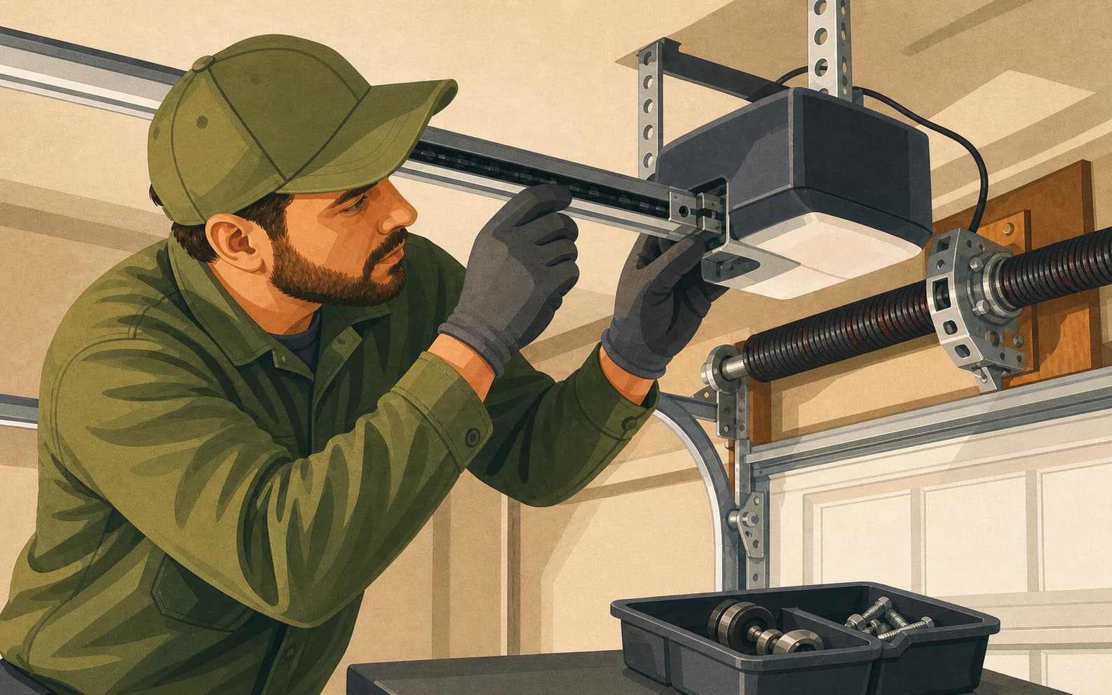 Garage door technician checking an opener rail and spring assembly before confirming which equipment the location can service.