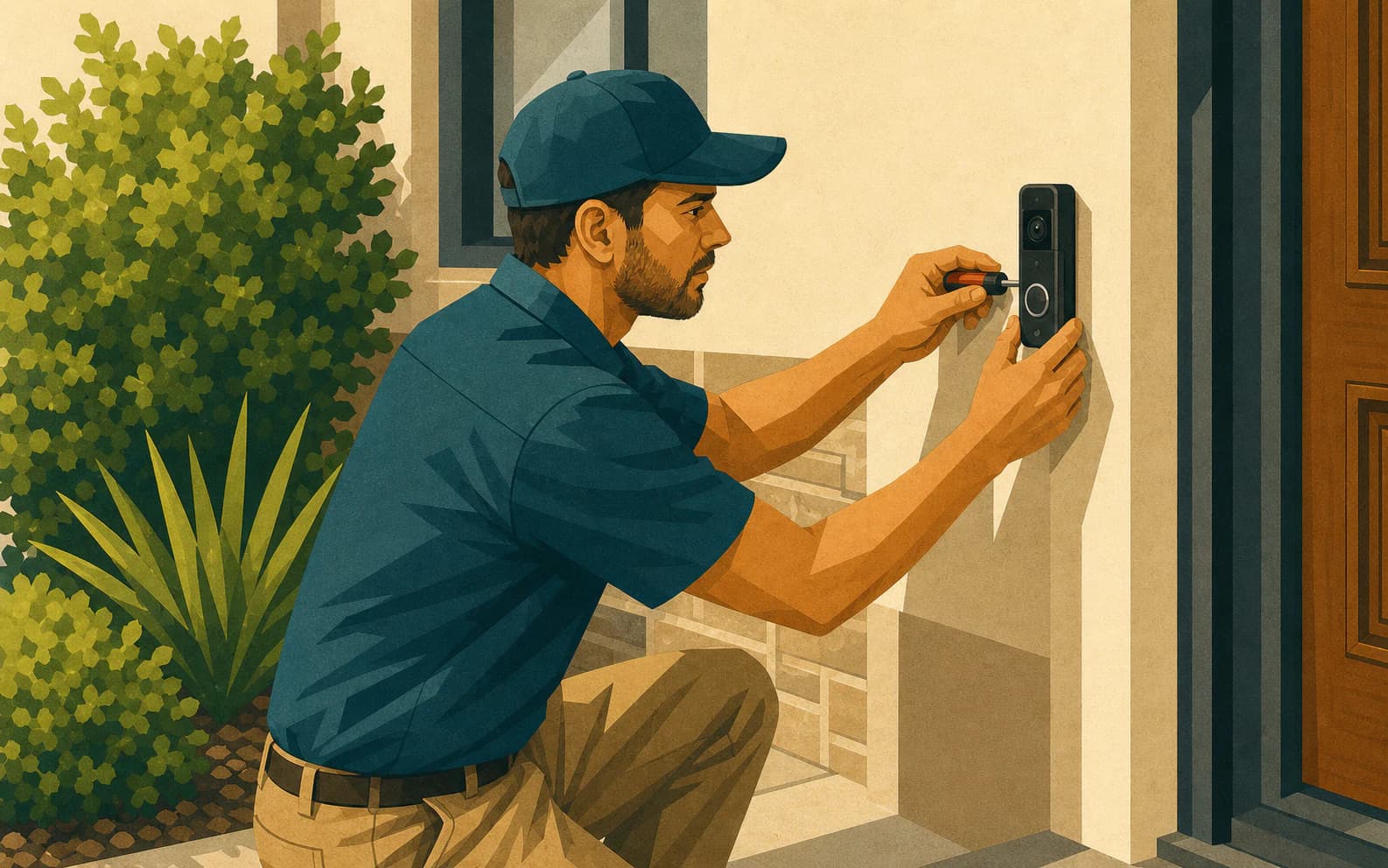 Smart-home security installer mounting a video doorbell, a service the location page and booking path should both list accurately.