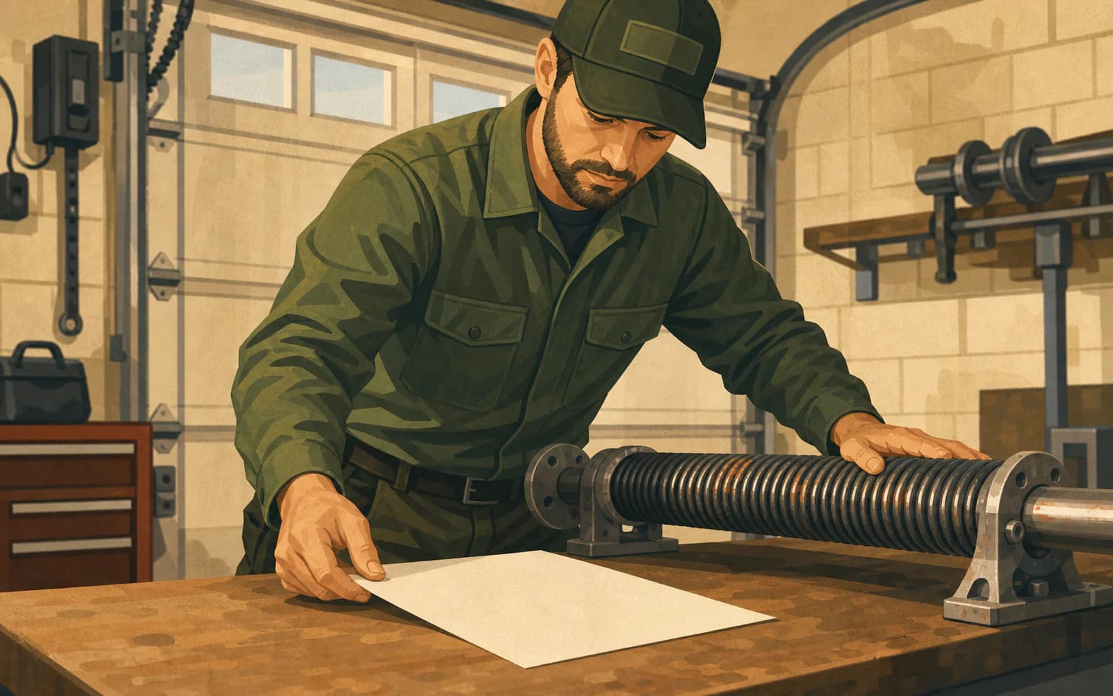 Garage door technician reviewing financing disclosures beside a spring assembly before presenting payment options to a customer.