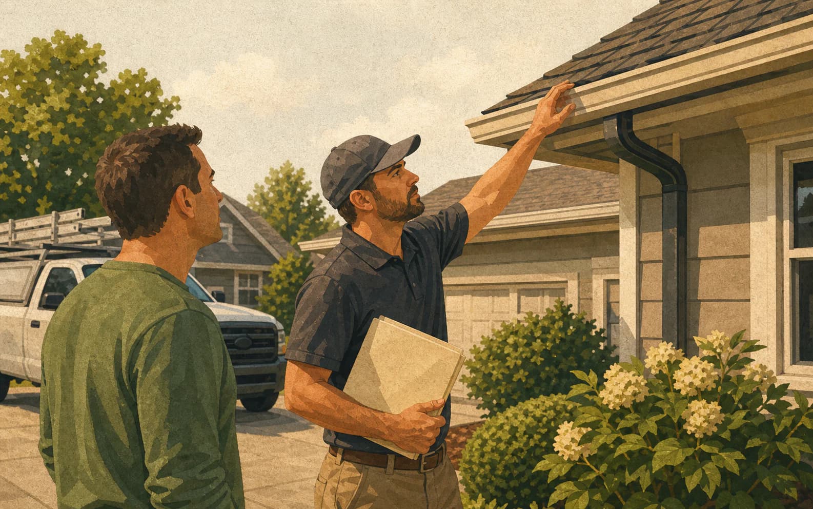 Roofing estimator checking a roof edge with a homeowner while reviewing the scope behind available financing options.