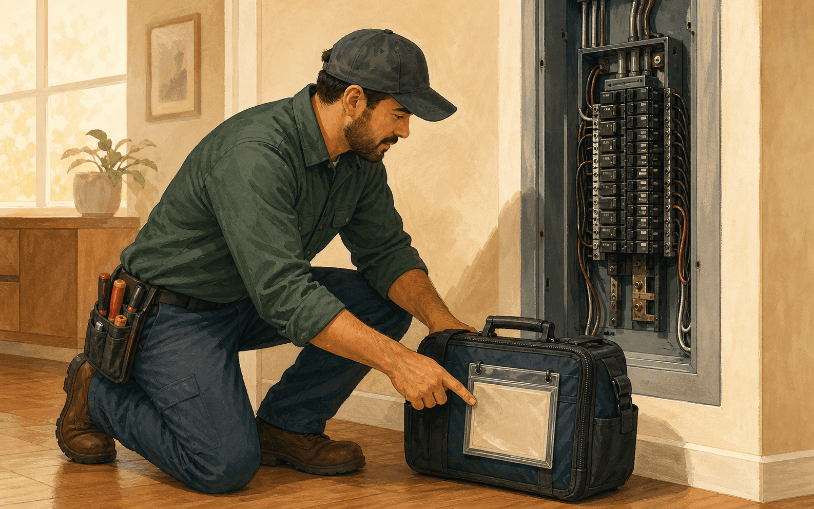 Electrical service manager pointing to a blank permit sleeve beside an open panel, showing why license and permit proof should sit near the work it supports.
