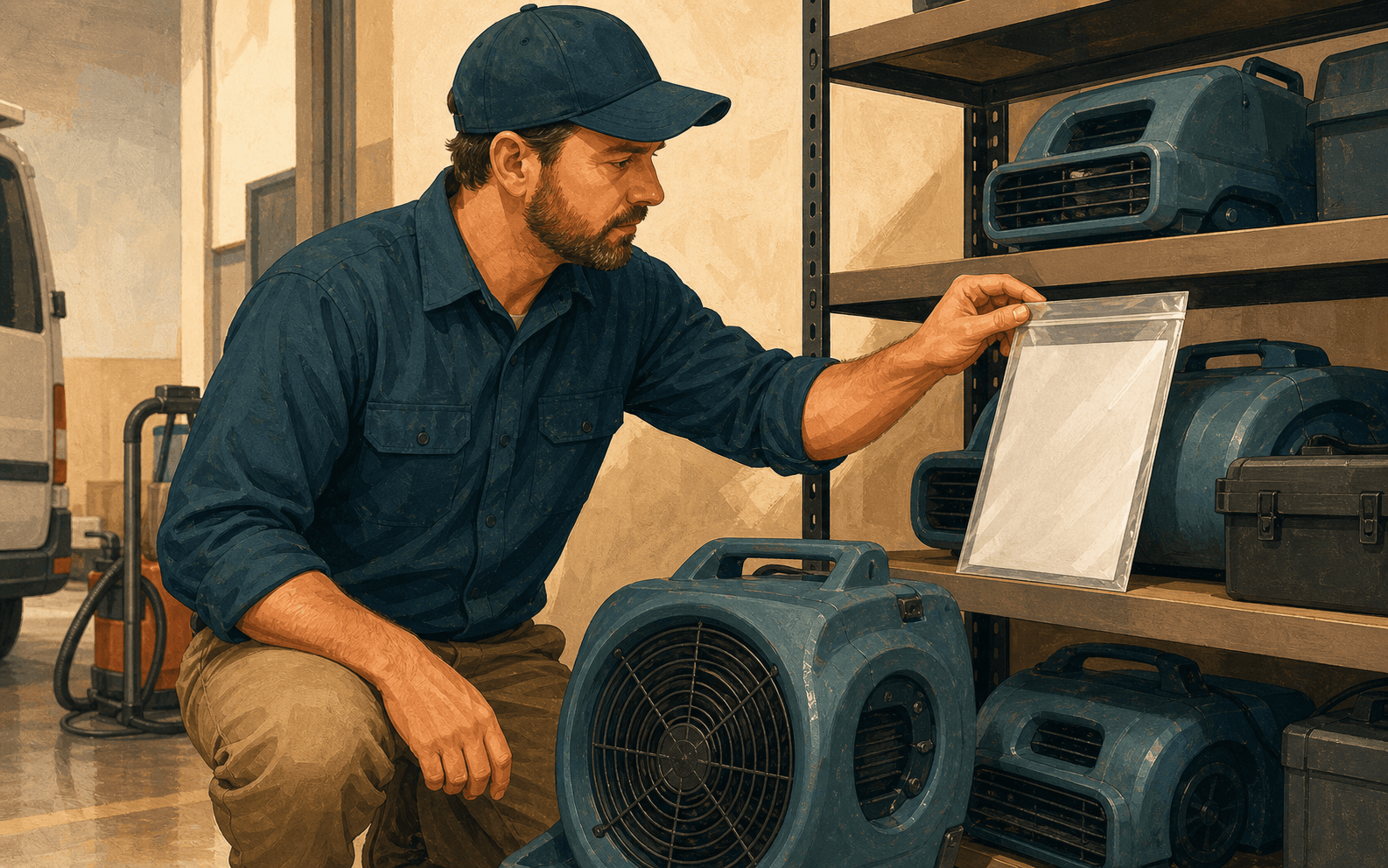 Restoration branch manager checking drying equipment and a blank certificate sleeve, illustrating the recurring operations work behind credential proof.