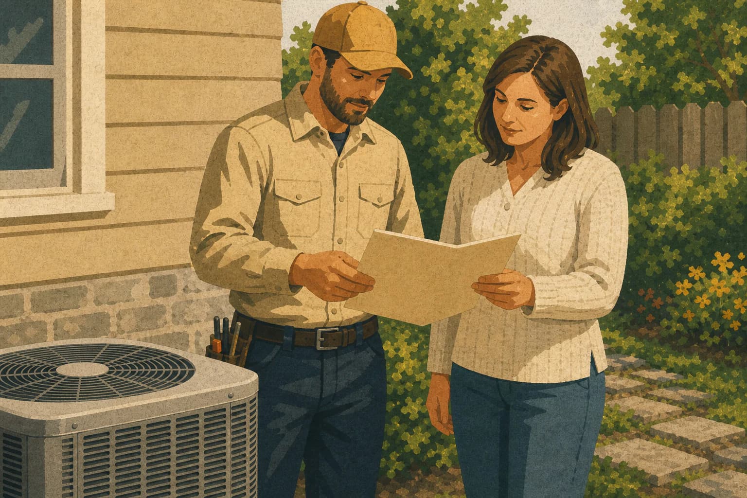 HVAC advisor reviewing an estimate with a homeowner beside an outdoor condenser before the customer approves the work.