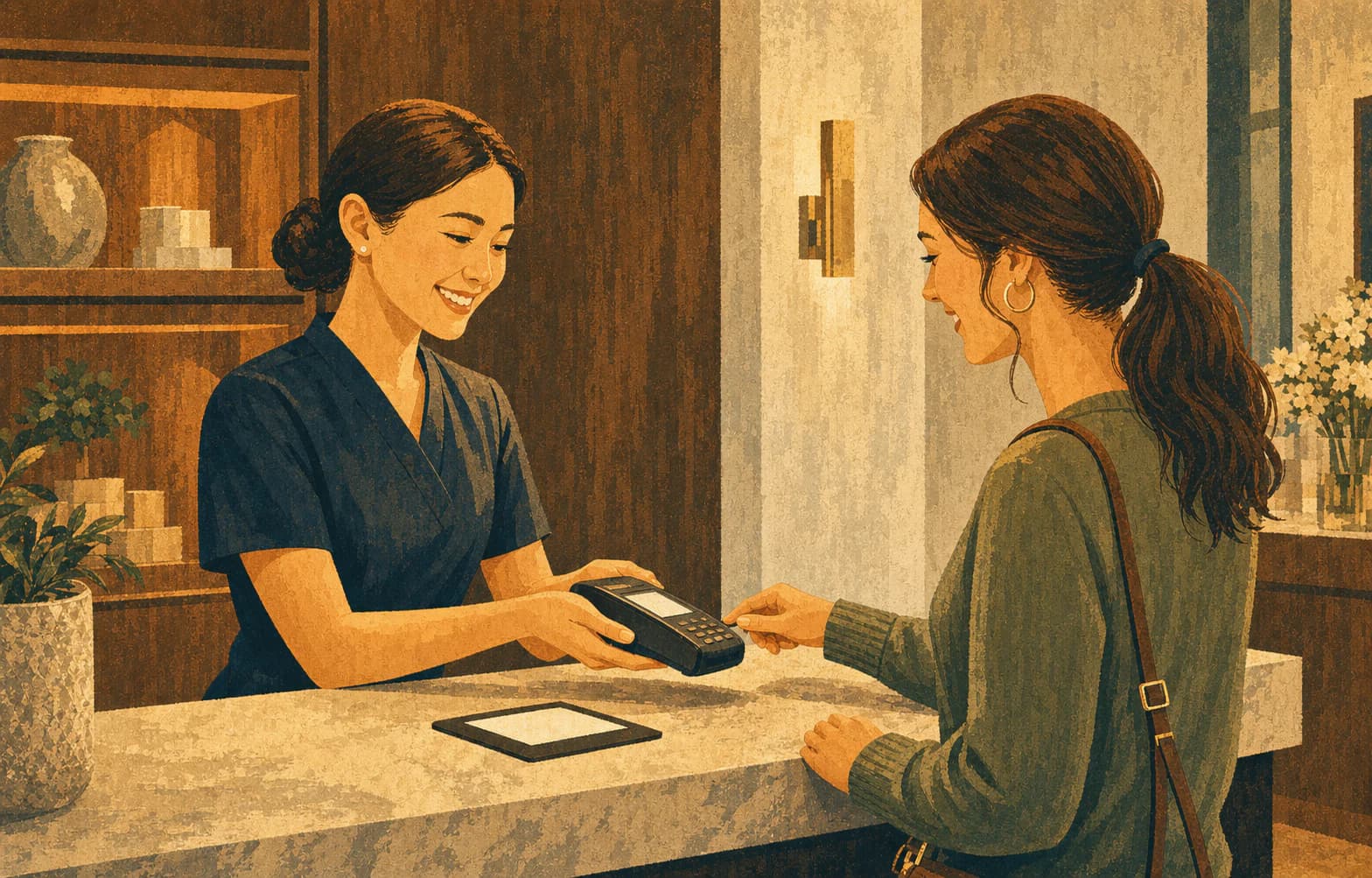 Med spa front desk associate completing a customer checkout, where payment options need to match the details published online.
