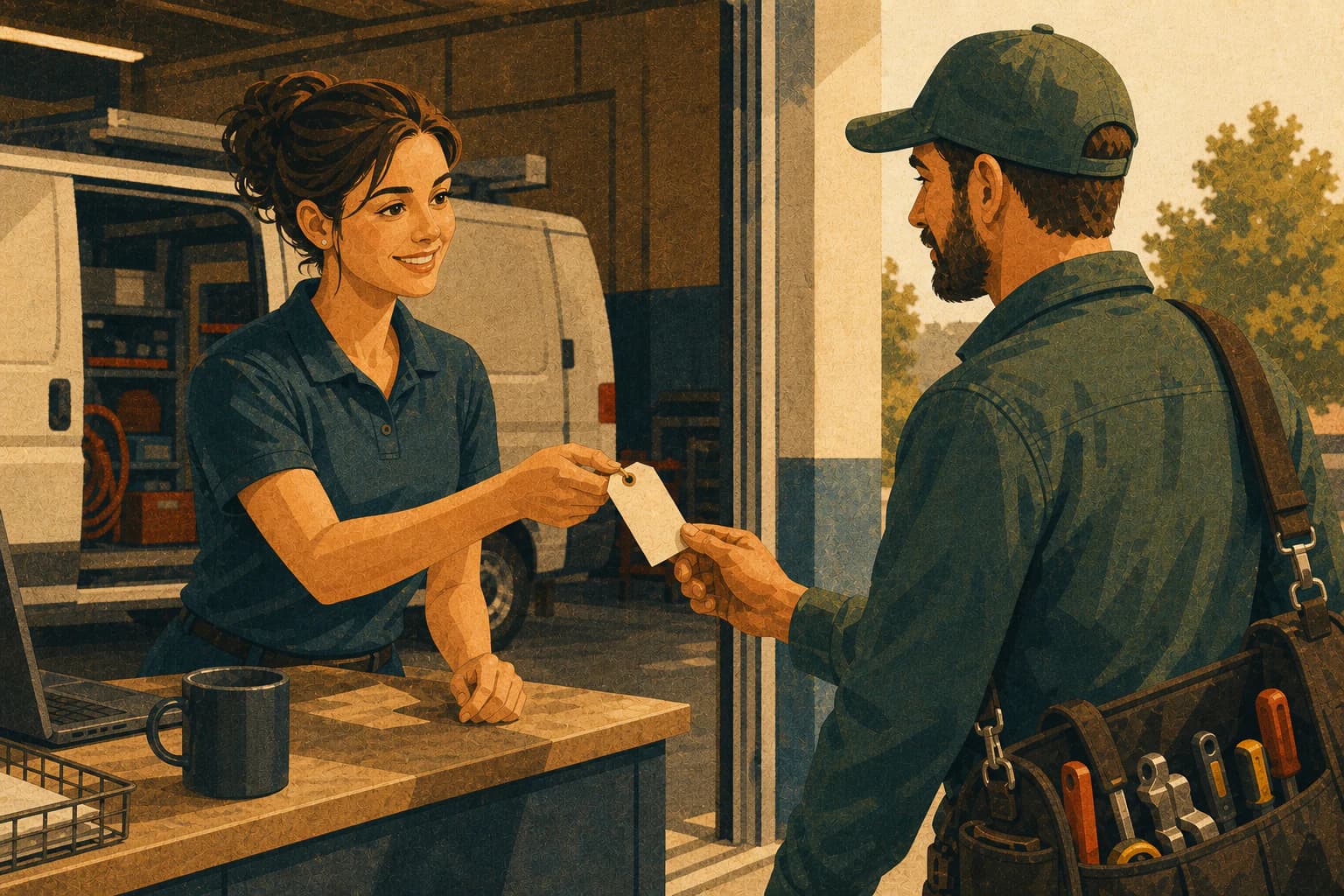 Dispatcher handing a route tag to a technician at a service bay, connecting response-time promises to the actual field handoff.