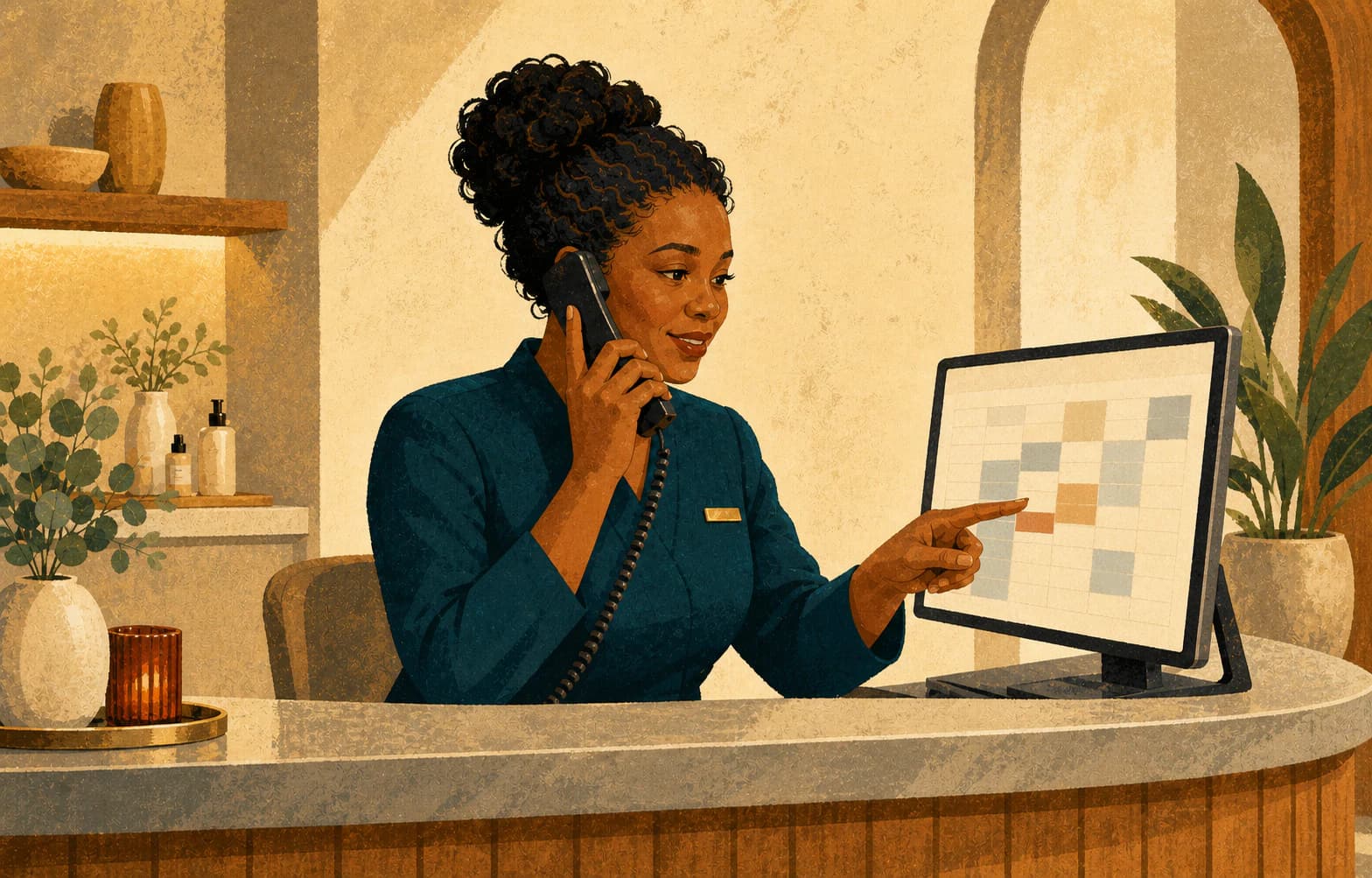 Med spa coordinator confirming appointment availability by phone against the location's current schedule.