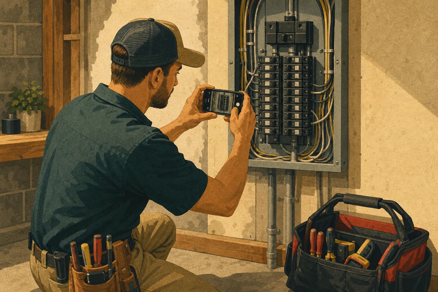 Electrical technician photographing a completed breaker panel repair for the job record and any future warranty claim.