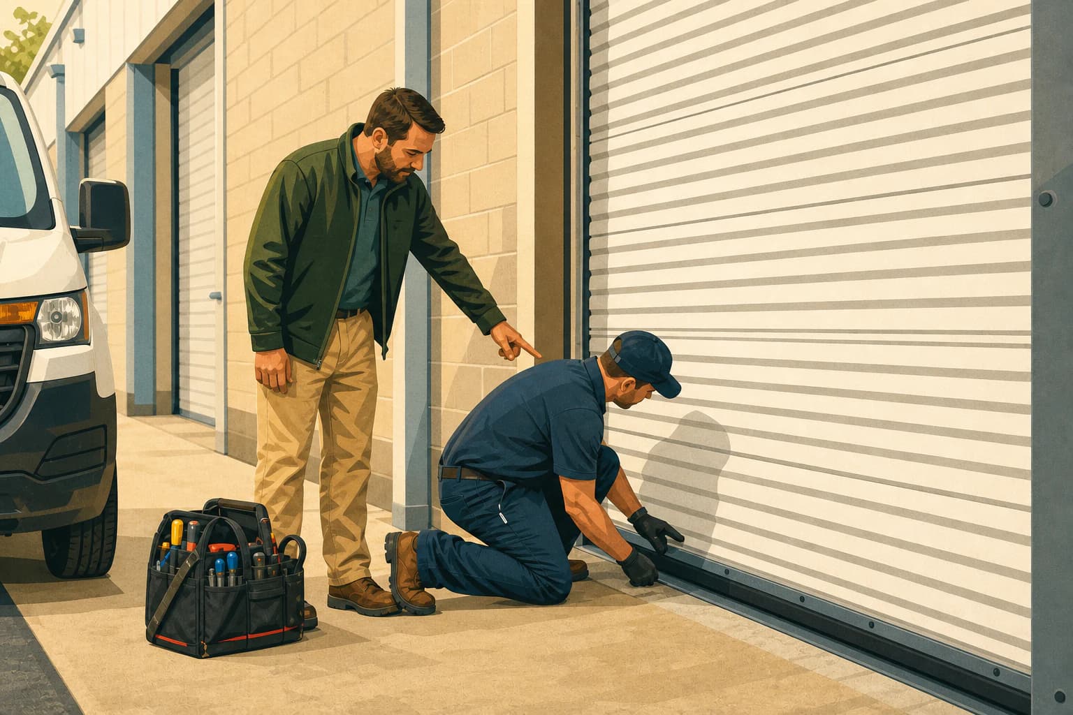Garage door technician inspecting a commercial roll-up door with a facilities manager during a service-fit visit.