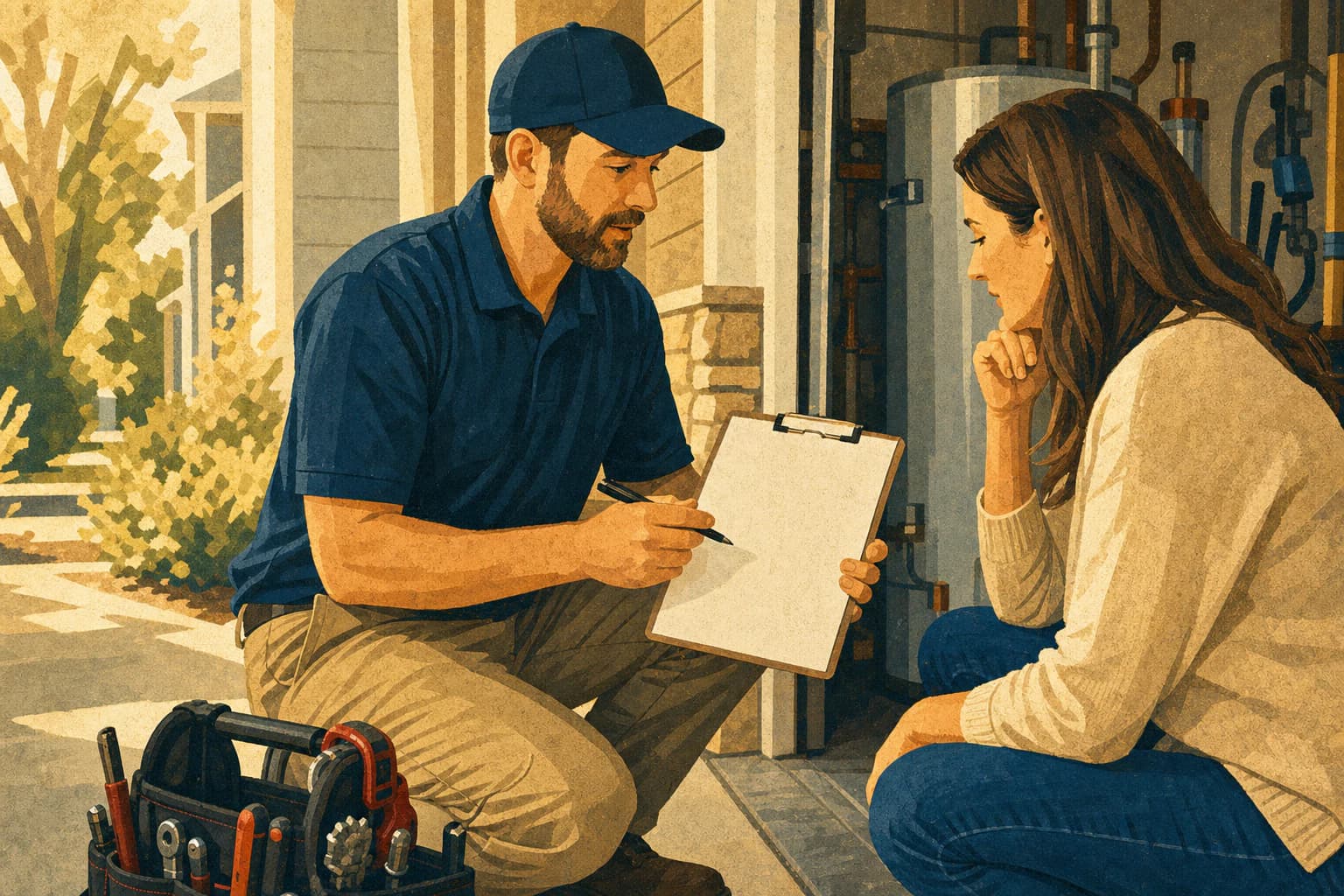 Residential service technician reviewing a blank service-fit checklist with a homeowner beside a utility area.