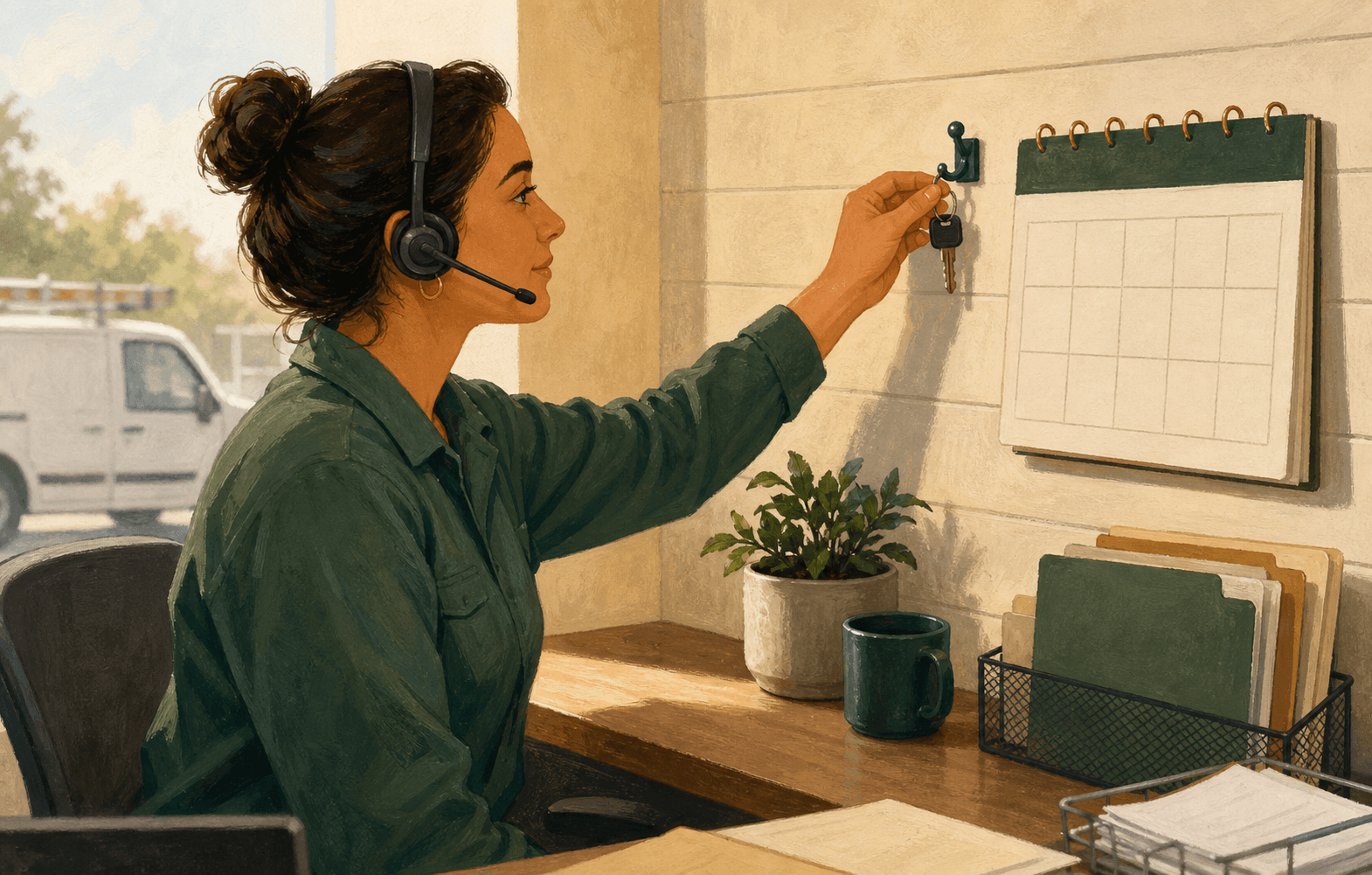HVAC branch dispatcher hanging a blank branch key beside a service calendar, illustrating that schema should follow verified local facts.