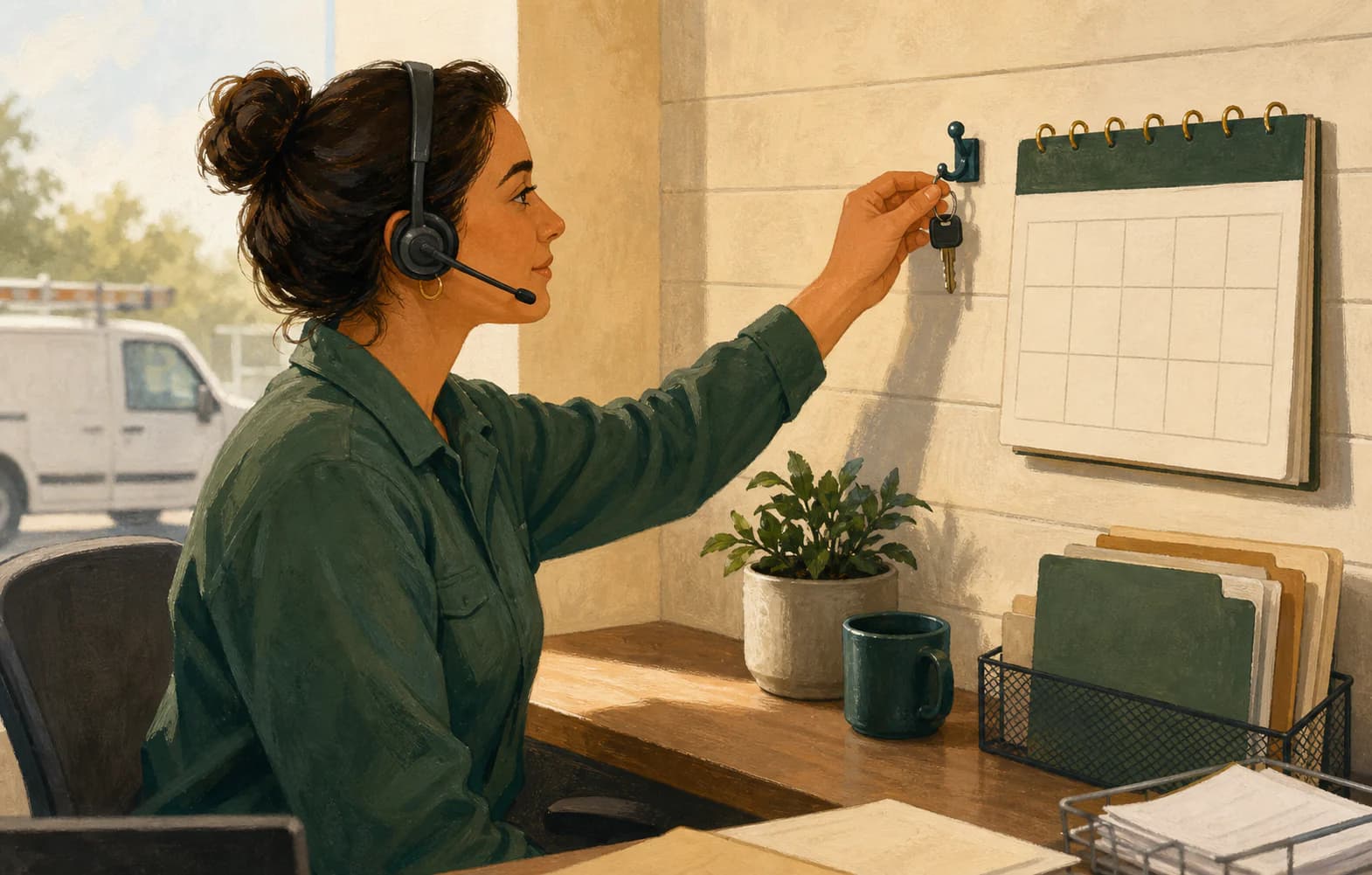 HVAC branch dispatcher organizing branch keys beside a service calendar while the team verifies local business details.
