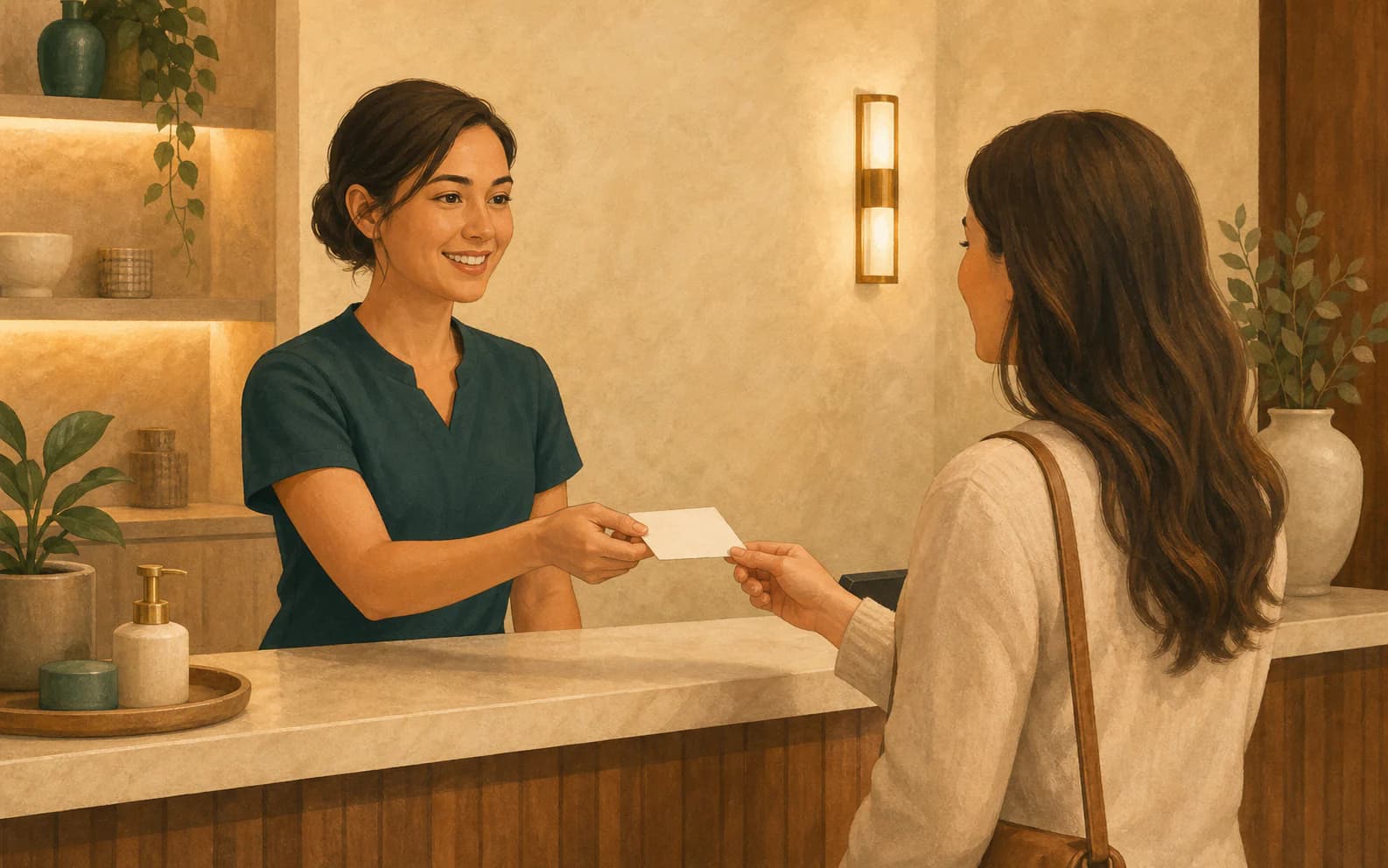 Med spa front desk manager handing an appointment card to a customer at the same location listed in the brand's public profiles.