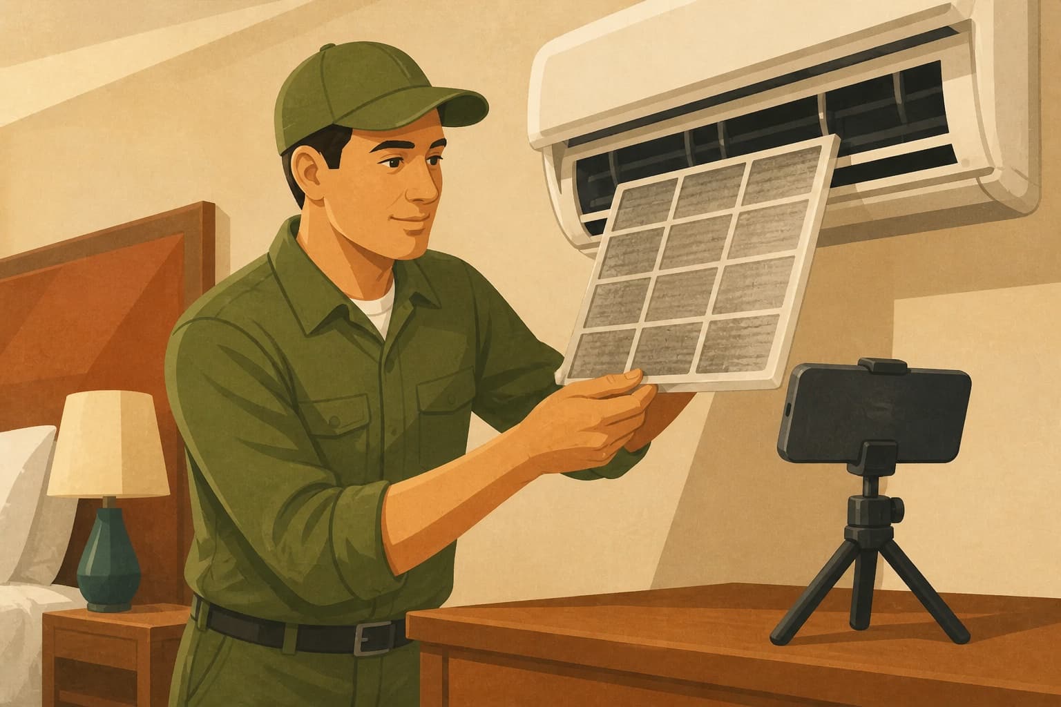A hotel maintenance technician records one useful HVAC filter demonstration for Google-discoverable social or video content.