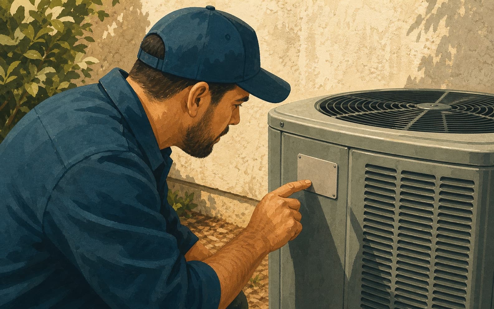An HVAC technician checks the manufacturer plate on an outdoor condenser before confirming the service a branch can perform.