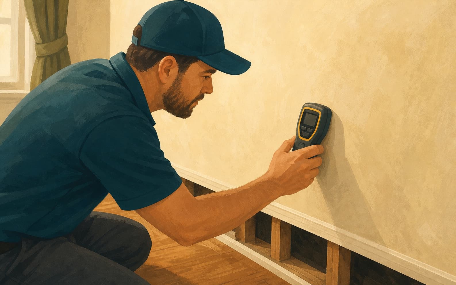 A restoration technician tests a damp wall with a moisture meter before documenting the service needed.
