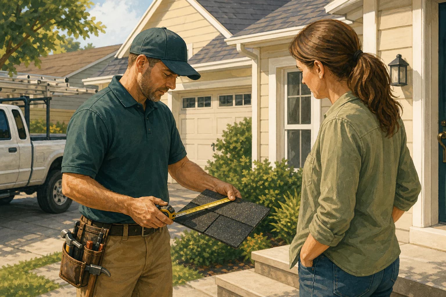 Roofing estimator measuring a shingle sample beside a homeowner, illustrating why pricing pages should explain inspection rules before quoting a repair.