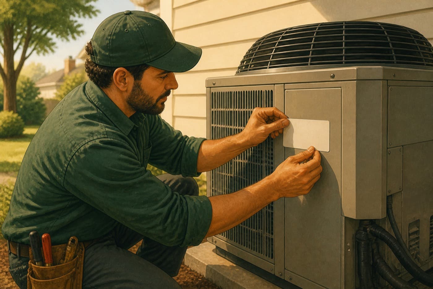HVAC technician checking a branch label on an outdoor condenser so call routing stays tied to the correct service location.