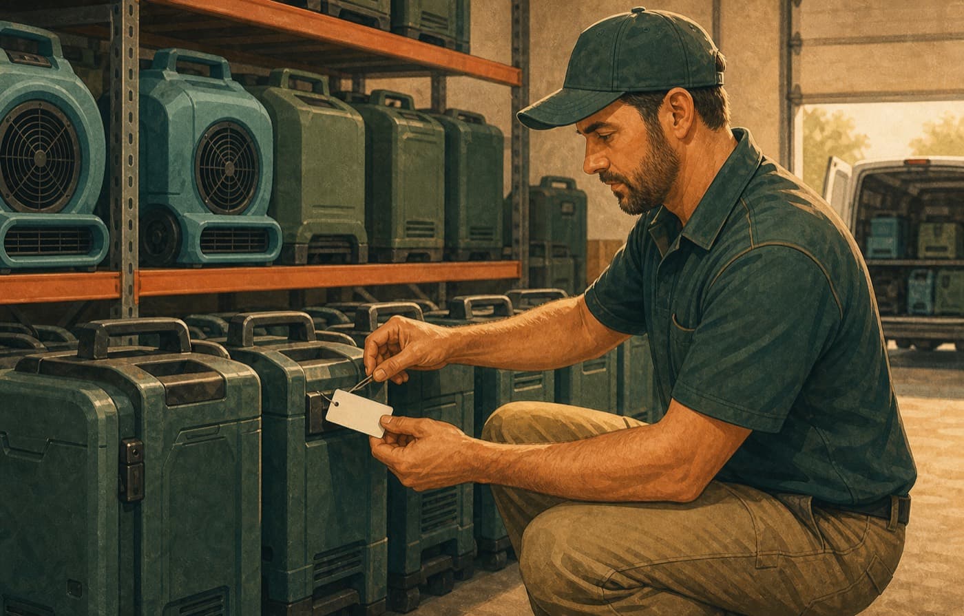 Restoration operations lead tagging equipment in a service warehouse so calls route to the team responsible for each location.
