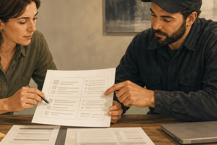 Marketing lead and technician refining customer answer sheets at a service office table