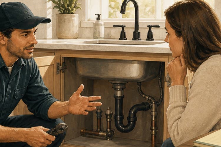 Technician explaining visible plumbing under a sink to a homeowner
