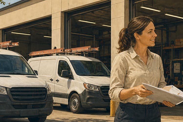 Service branch bay with unbranded vans and an office coordinator handing route paperwork to a technician