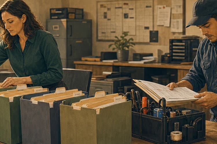 Regional marketing manager organizing branch folders and job packets across a service office table