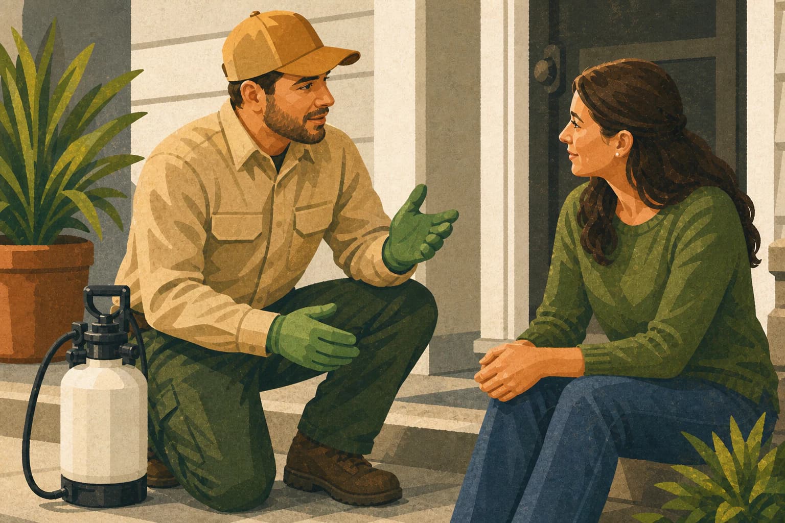 Pest control technician explaining a service preparation step to a homeowner at the front door, showing that Spanish pages should connect to real customer handoffs.