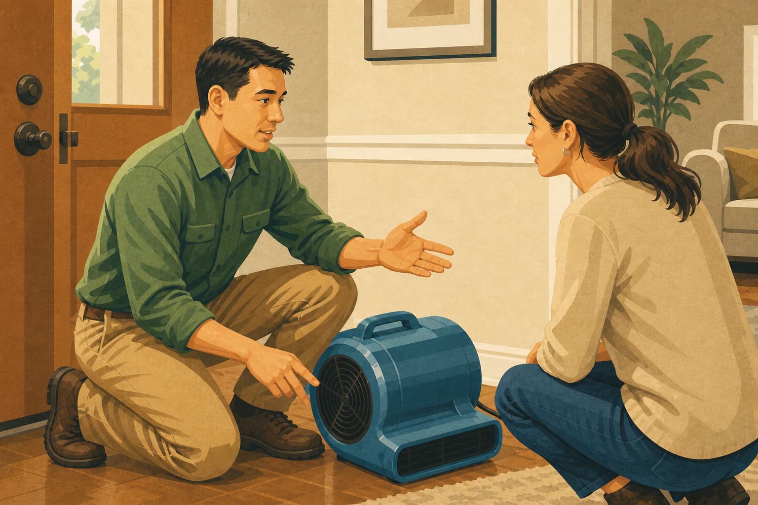 Restoration crew lead explaining drying equipment to a homeowner inside a home, showing that translated pages need to match the real service explanation.