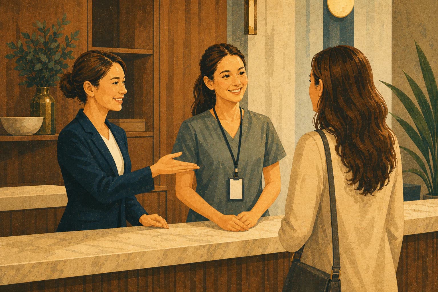 Med spa front desk manager introducing a provider to a customer at reception before an appointment.