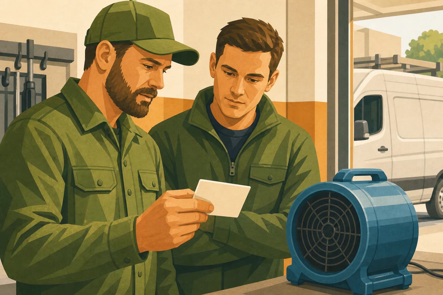 Restoration crew lead reviewing a technician credential card beside drying equipment, keeping person-level qualifications separate from branch-level proof.