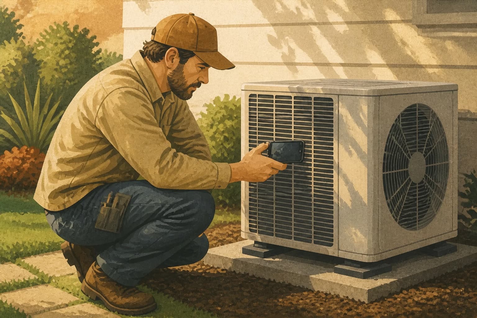 An HVAC technician records the condition and sound of an operating outdoor heat pump.