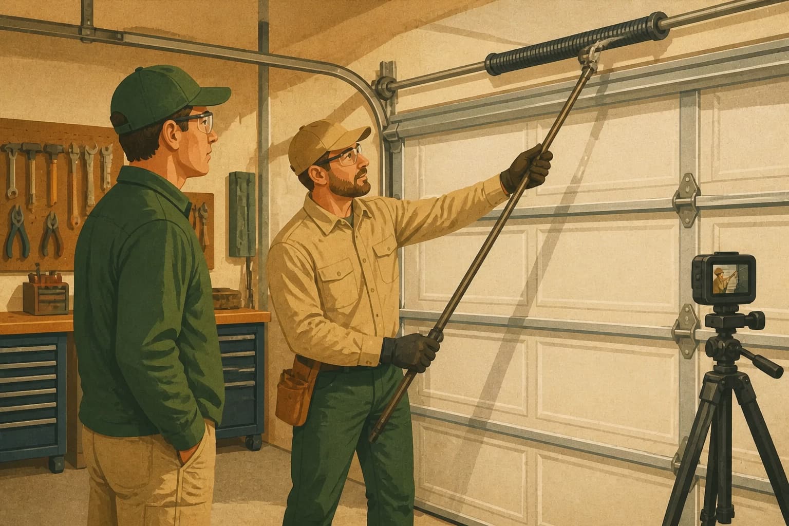 A garage-door trainer records one spring-balance demonstration for field teams to use consistently.
