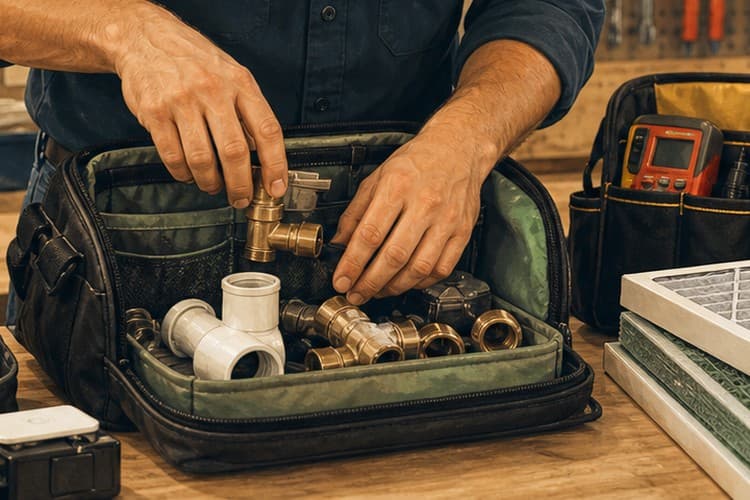 Service kits with plumbing fittings, smart-home hardware, electrical testers, and HVAC filters arranged on a workbench