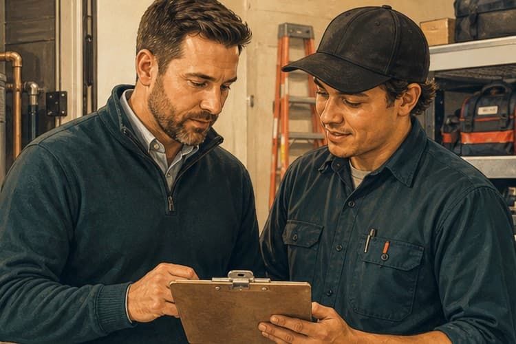 Operations manager and technician reviewing a branch service checklist beside organized home-service equipment