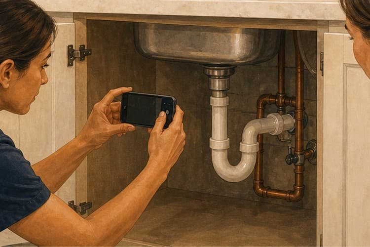 Technician photographing completed plumbing work while a homeowner observes