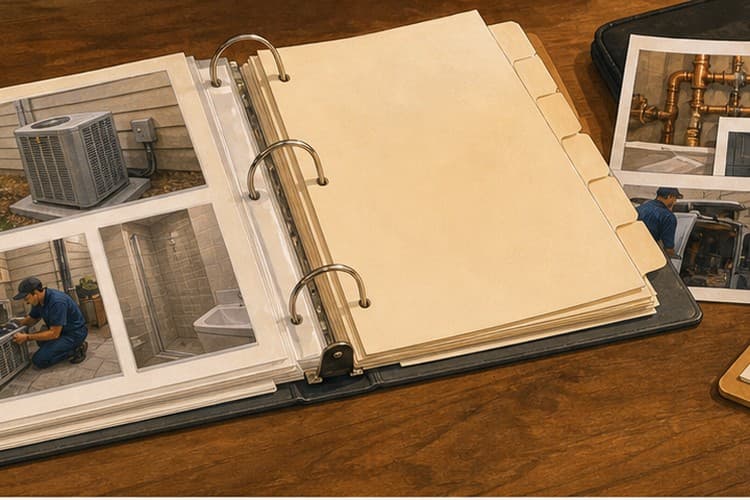 Evidence binder with job photos, service notes, and source materials for a local business