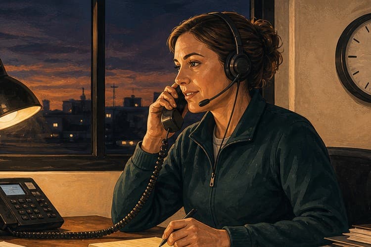 After-hours dispatcher answering a phone beside a wall clock and service notes