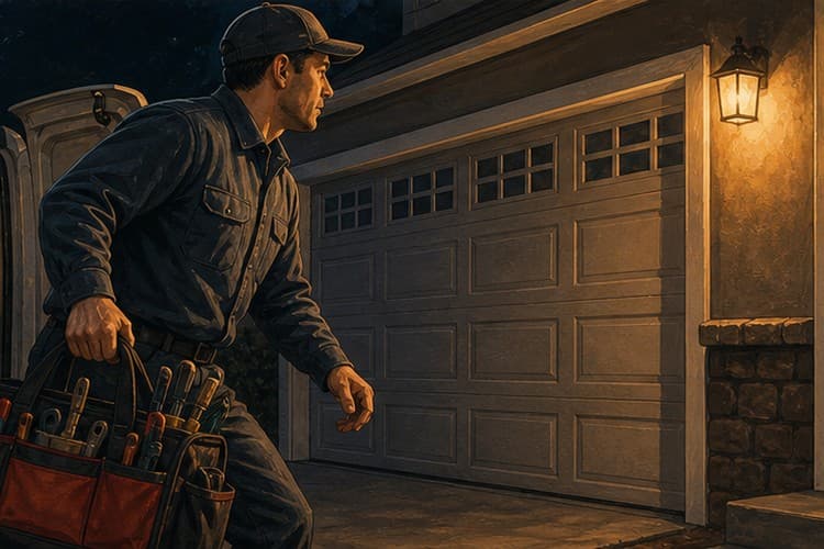 Technician arriving at a home at night with an emergency service tool bag