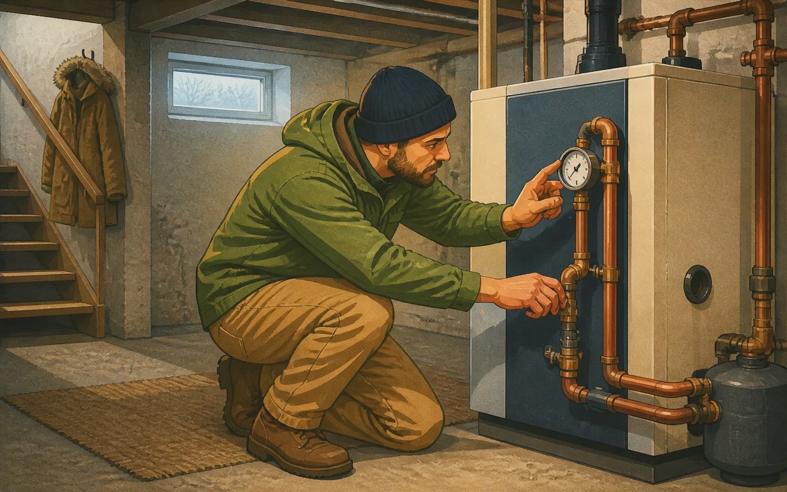 A heating technician checks a boiler gauge in a cold-climate basement, representing a different local service context from the Southwestern HVAC market.
