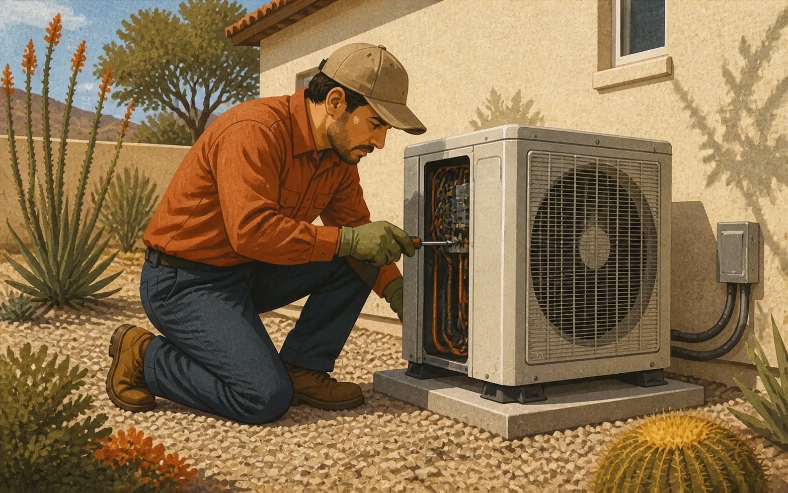 An HVAC technician checks an outdoor heat pump in a dry Southwestern yard, representing one local service and market context.
