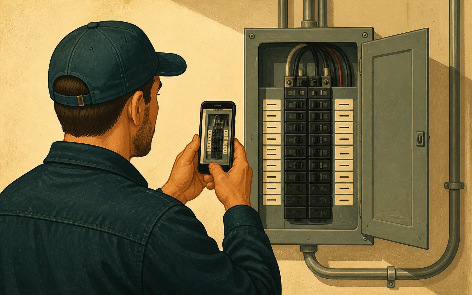 An electrician photographs a completed electrical panel, creating timestamped service evidence before the location team investigates a missing review.