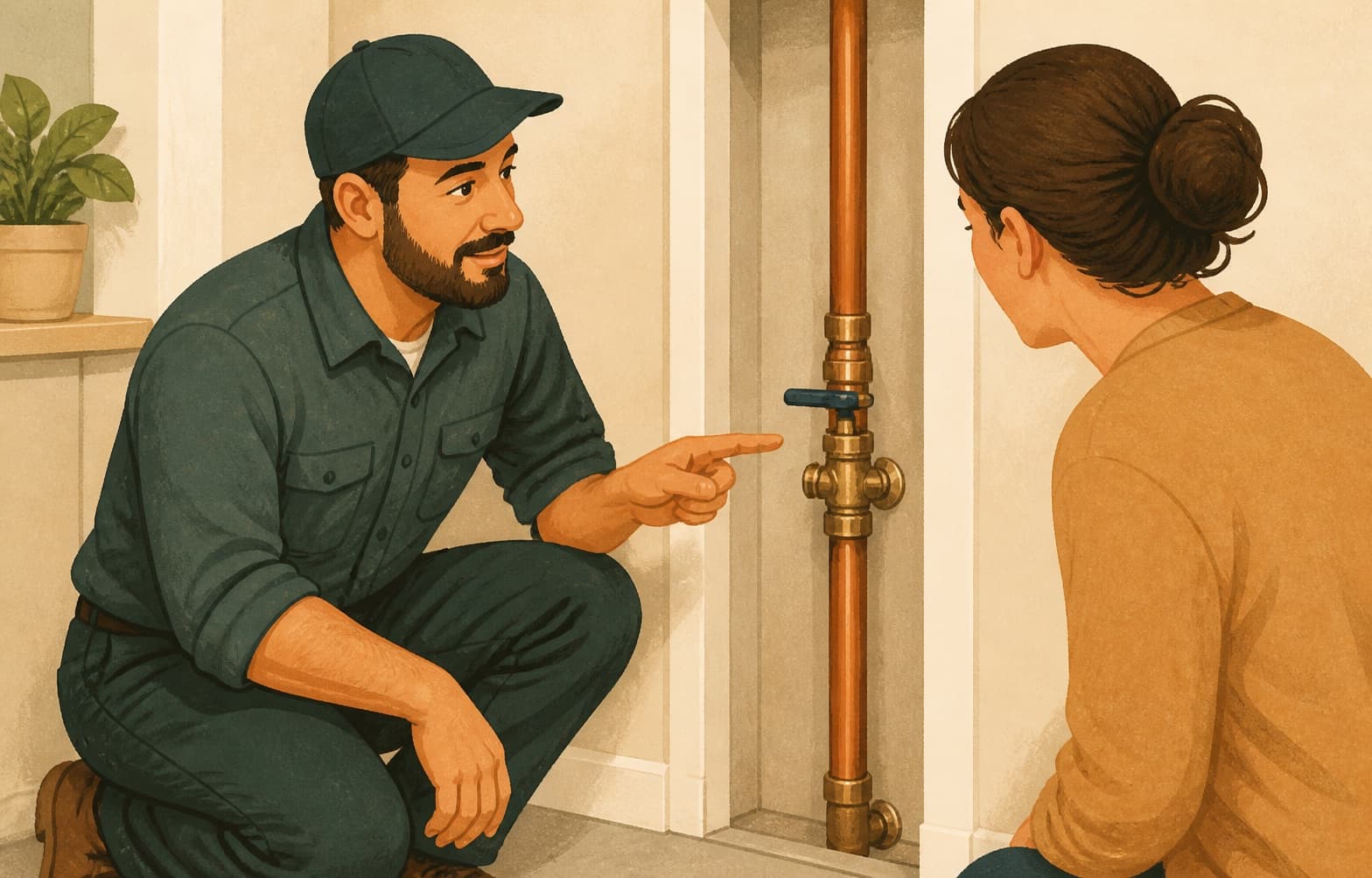 A plumber shows a homeowner the completed shutoff-valve repair, creating a clear service handoff without pressuring the customer to post another review.
