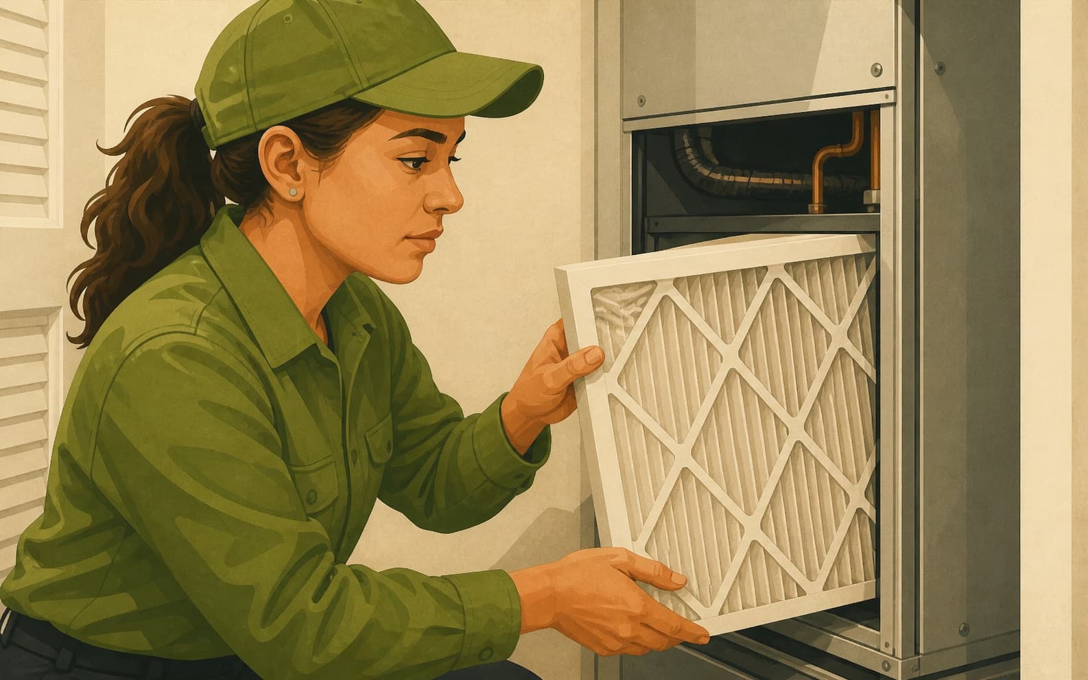 An HVAC technician installs the correct filter in a residential air handler, representing the service detail each Yelp location should publish accurately.
