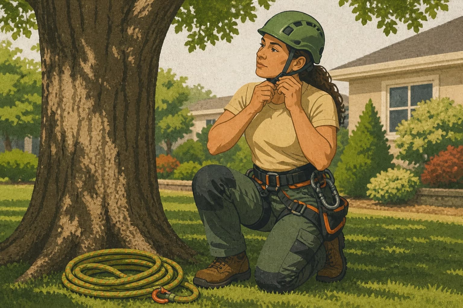 A tree-service arborist fastens her helmet before a residential job, representing the real crew capacity behind a Yelp quote response.