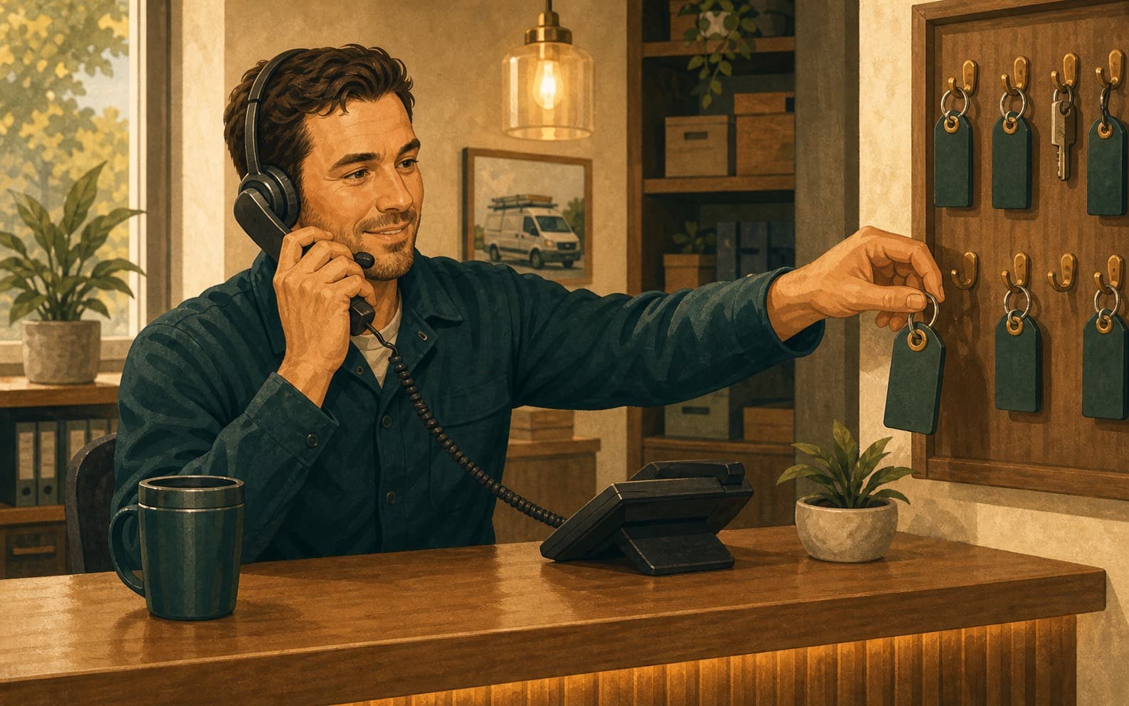 Home services dispatcher taking a booking call while reaching for a service key tag