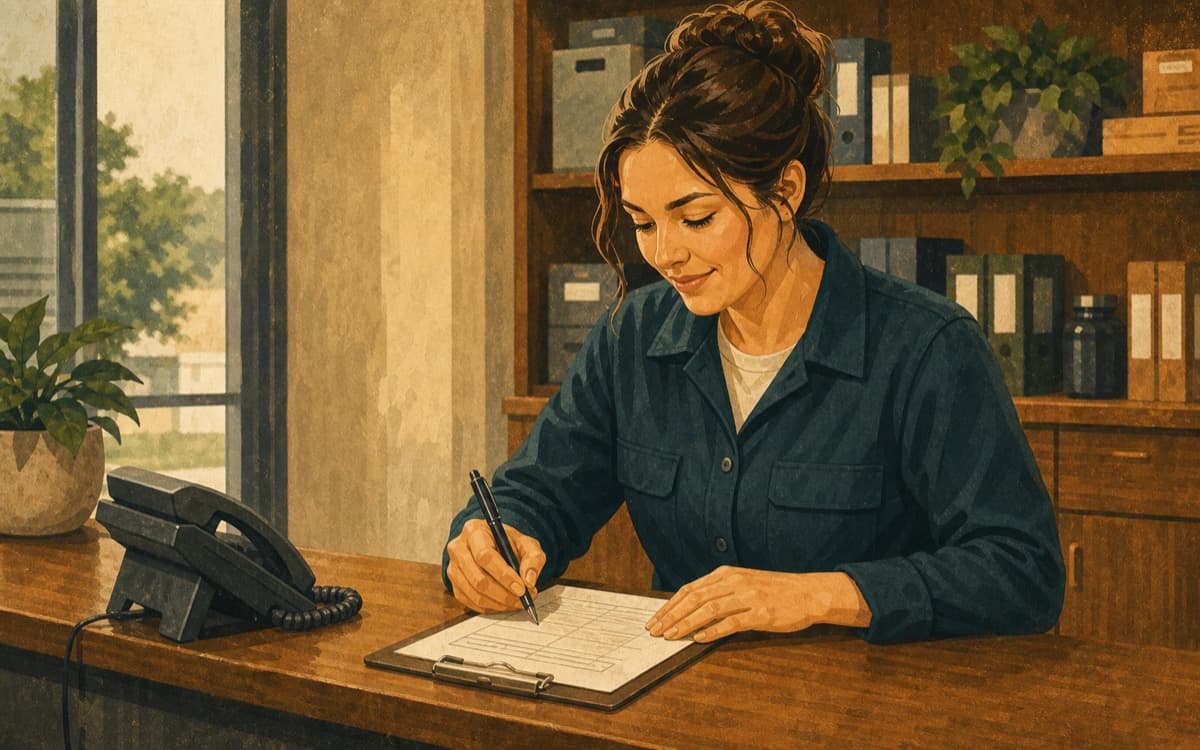 Home services dispatcher writing an appointment time on a paper work order beside a desk phone
