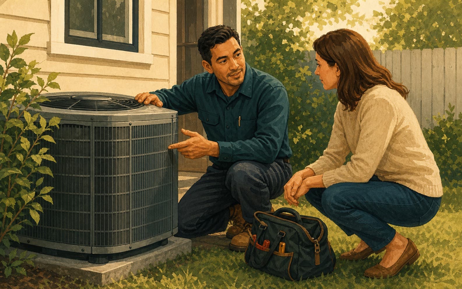 HVAC technician explaining an outdoor unit to a homeowner after a service visit